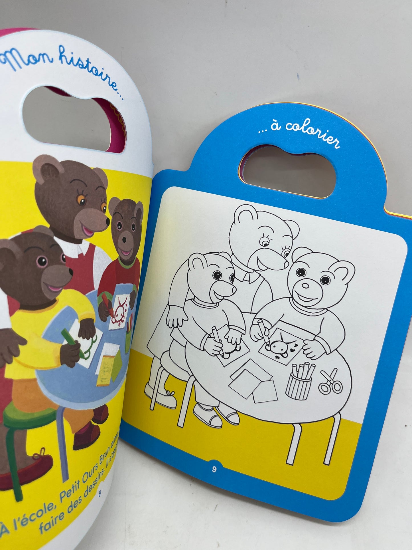 Livre d’activité Magazines Je colorie avec Petit ours brun avec ces crayons de couleurs thème à l’école Neuf