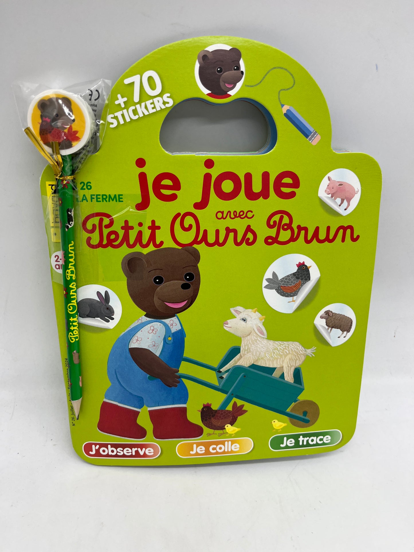 Livre d’activité Magazine Je joue avec Petit ours brun jeux histoire stickers Neuf thème à la ferme ! Jeux activité stickers