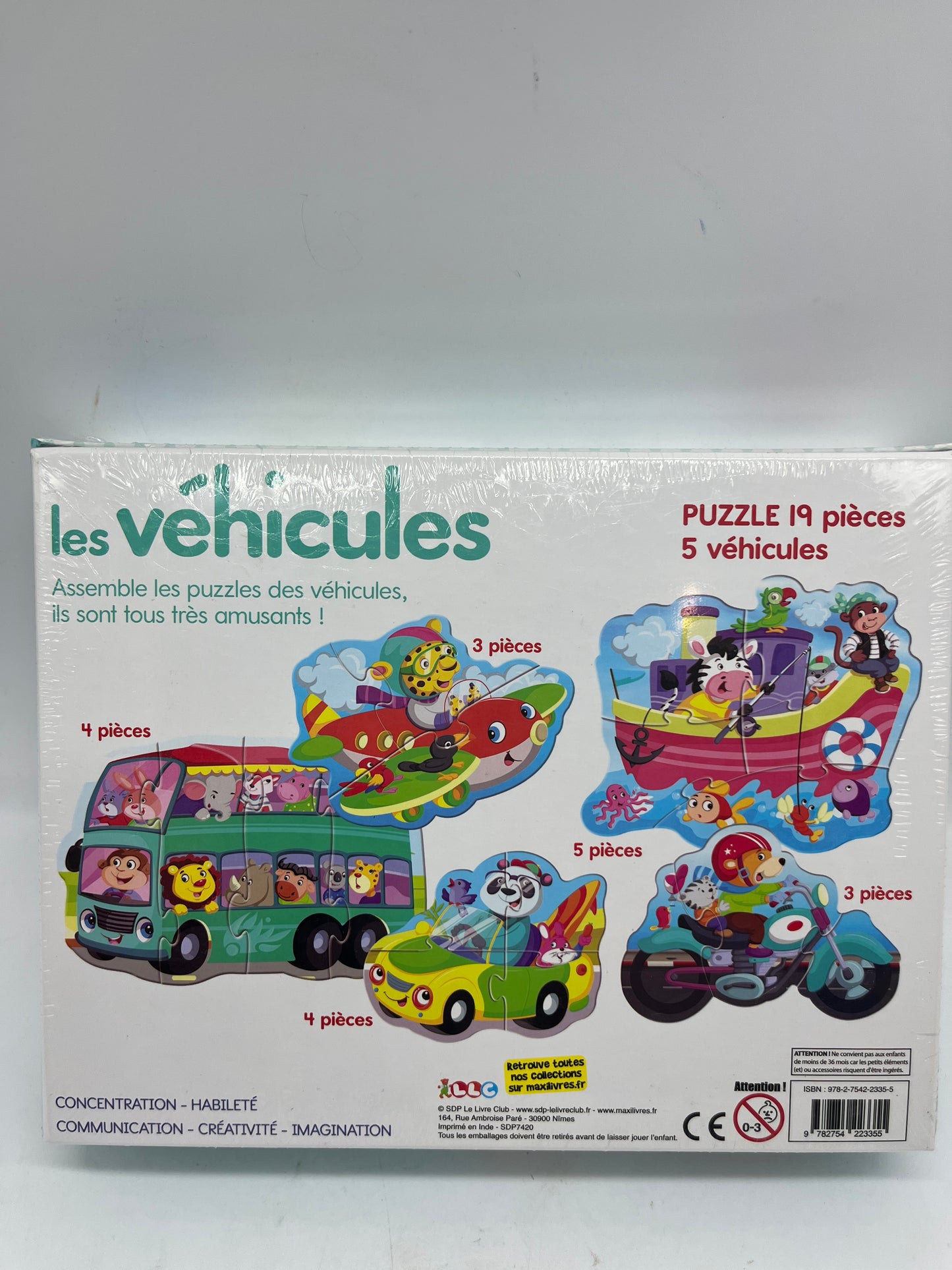 Jeu de société Puzzle de 19 pièces 5 véhicules Jeu de concentration et observation Neuf