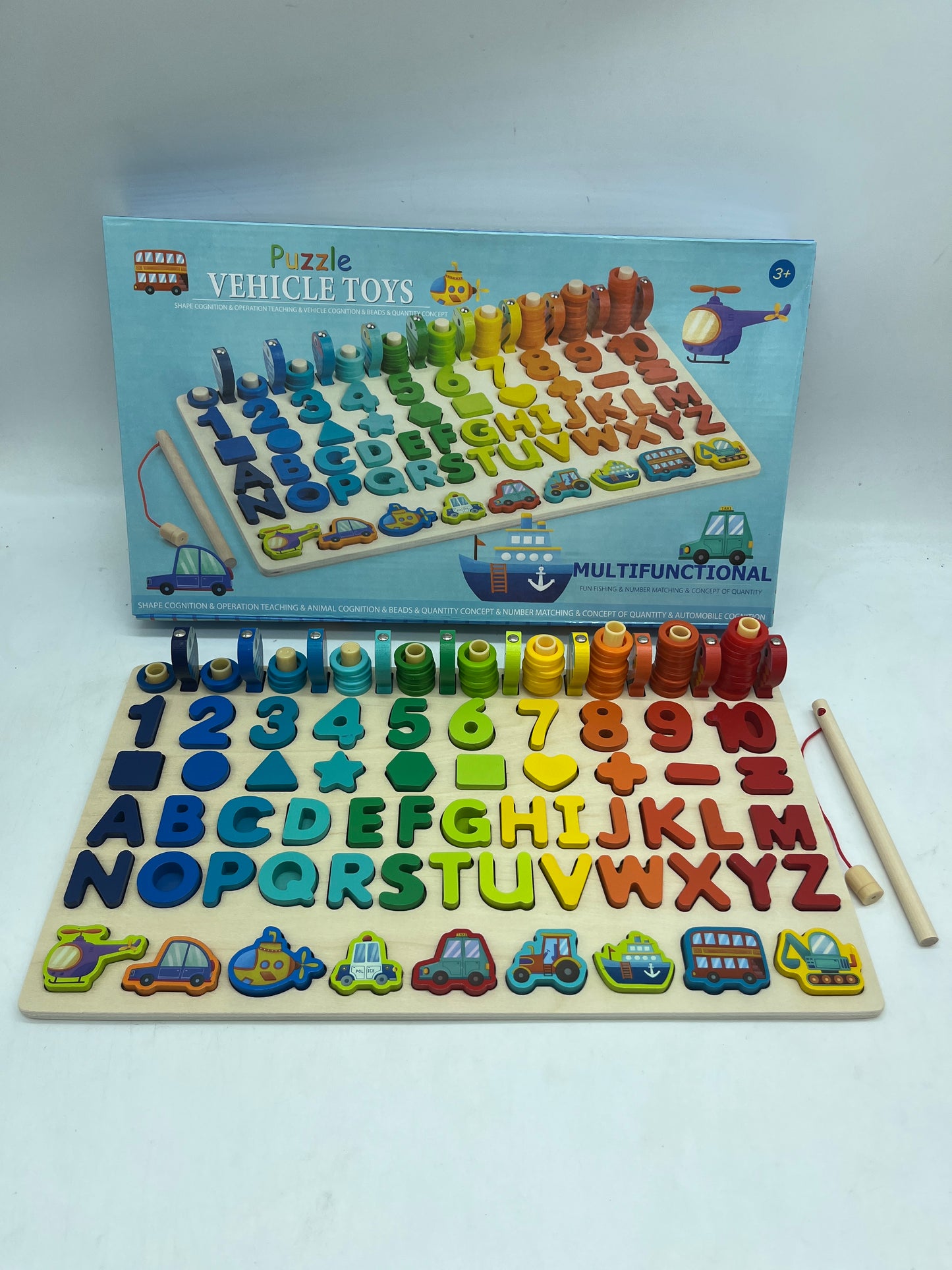 Jouet jeu activités apprentissage Puzzle en bois Type Montessori J’apprends à compter les chiffres les formes les lettres l’alphabet Les véhicules Pêche aux poissons Neuf