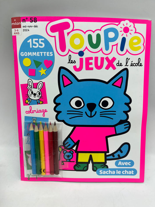 Livre d’activité Magazine TOUPIE les jeux de l’école avec ses 155 gommettes Sacha le Chat Neuf