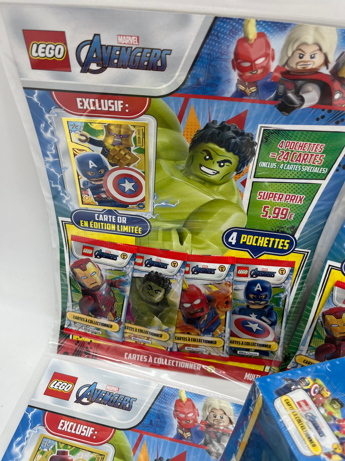 Lot de 4 Multipacks et un display de 25 pochettes de 5 cartes Lego Marvel Avenger Stickers avec carte édition limitée Neuf sous blister