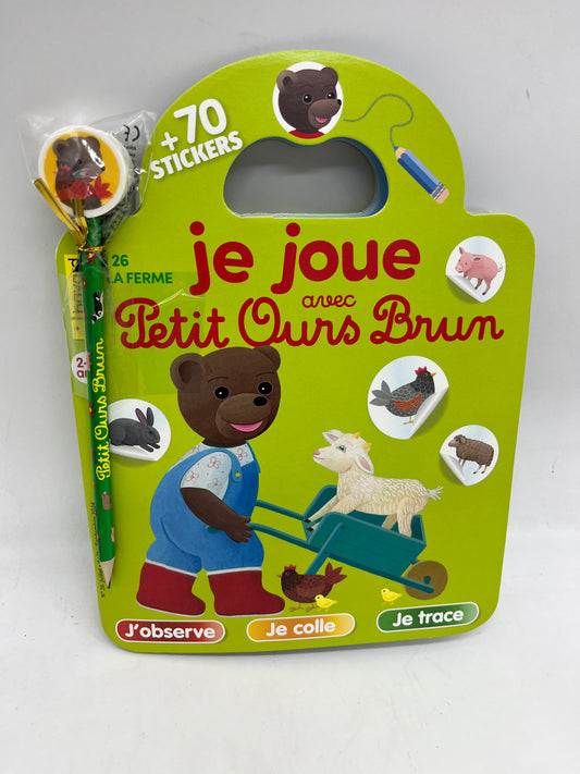 Livre d’activité Magazine Je joue avec Petit ours brun jeux histoire stickers Neuf thème à la ferme ! Jeux activité stickers