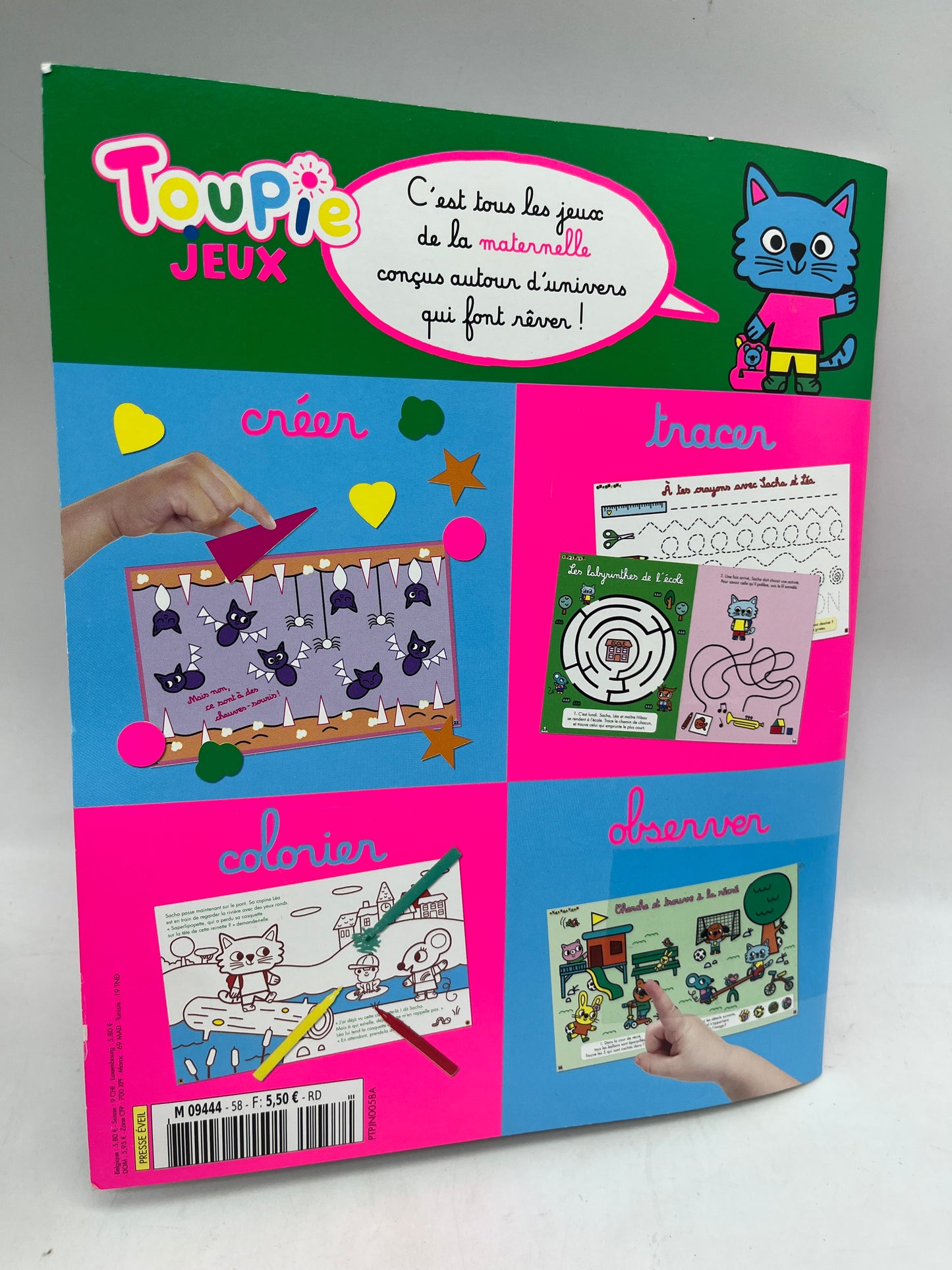 Livre d’activité Magazine TOUPIE les jeux de l’école avec ses 155 gommettes Sacha le Chat Neuf