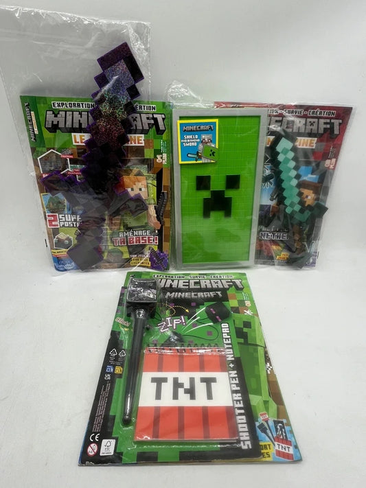 Lot de 3 magazines Livres d'activités Minecraft avec sa lampe et son épée son bouclier Neuf&nbsp;