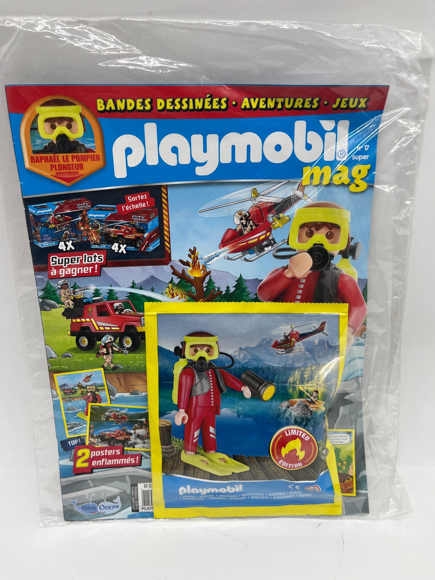Livre D’activité magazine Playmobil  mag presse avec sa figurine Raphael le pompier plongeur jamais ouvert Neuf