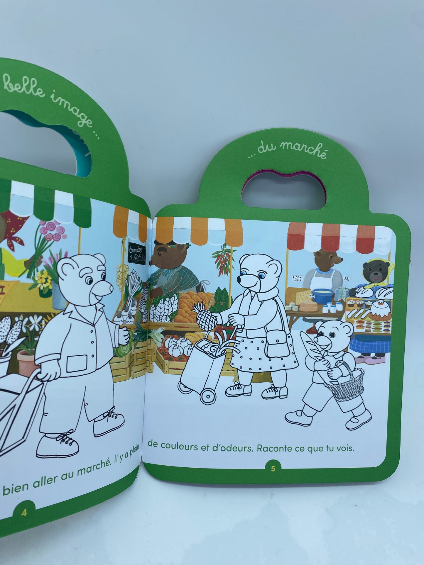 Magazine livre d’activité Je colorie avec  Petit Ours brun avec ses crayons de couleurs  thème au marché Neuf