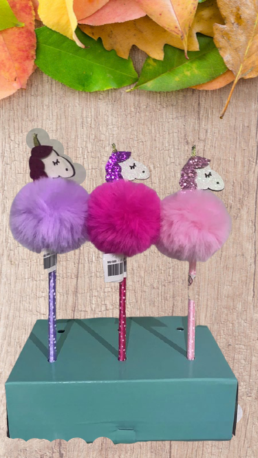 Lot de 3 Stylos Pompom Licornes à paillettes